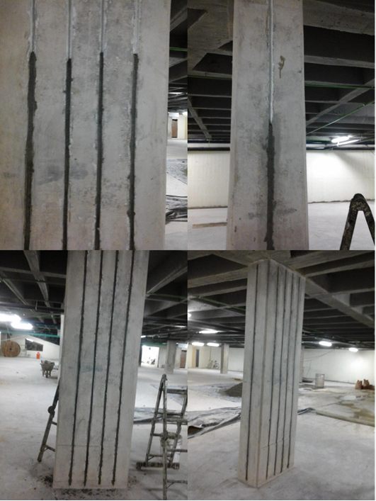Columnas reforzadas con barras y tejido en fibra de carbono